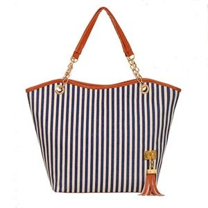 Blue Canvas Stripe Design Women Snap Purse Tote